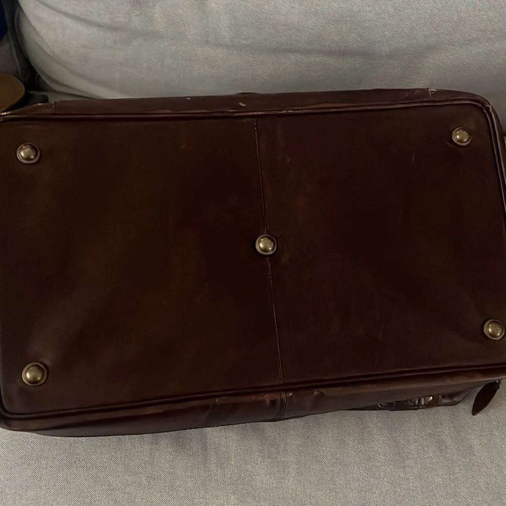 Pottery Barn Grant Dark Brown Leather Duffel Bag with Top Handles.